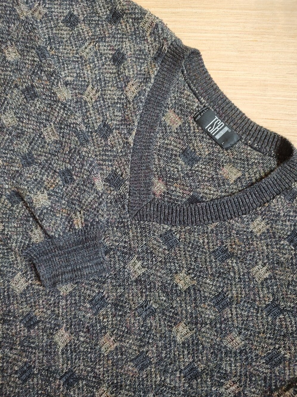 TSR USA Grandpa Pullover Sweater Beige Brown Black Cotton Blend Men's L V Neck